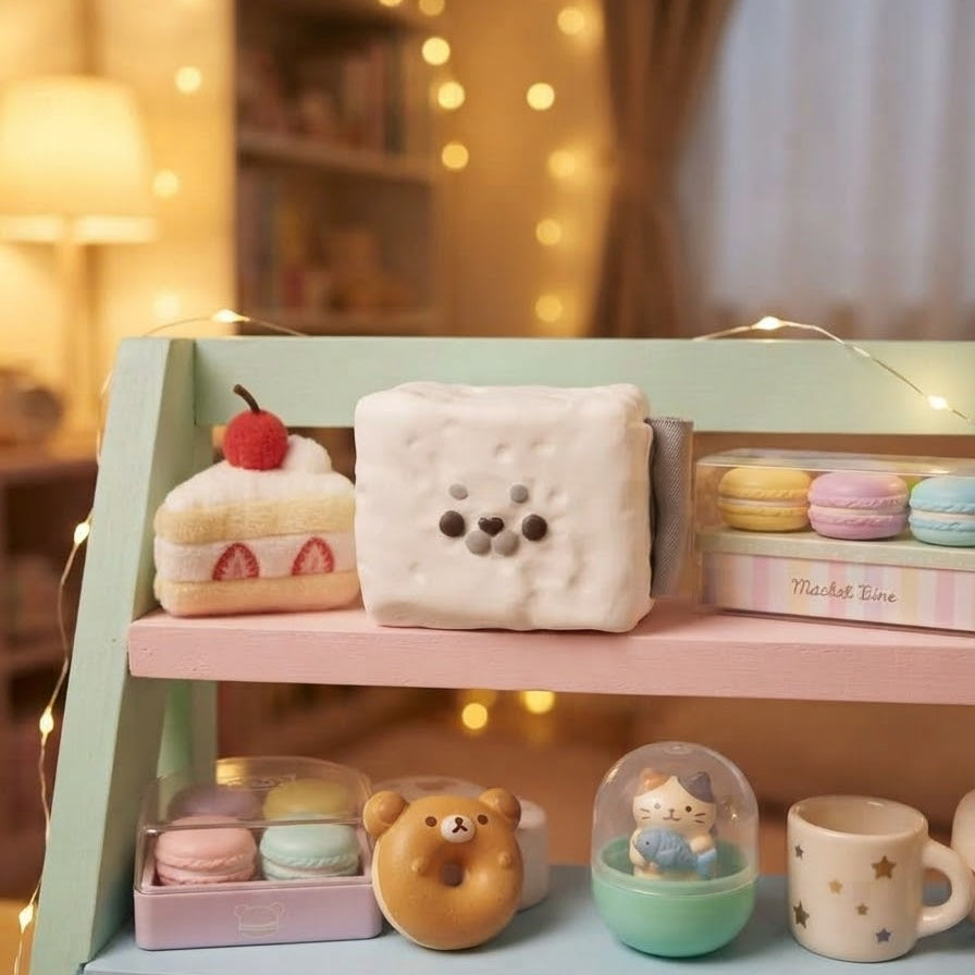 A pastel-colored wooden shelf in a cozy room setting, decorated with warm fairy lights. The shelf holds a white plush bear face pouch, a small cake-shaped item, macarons, a donut-shaped toy, and other cute accessories.