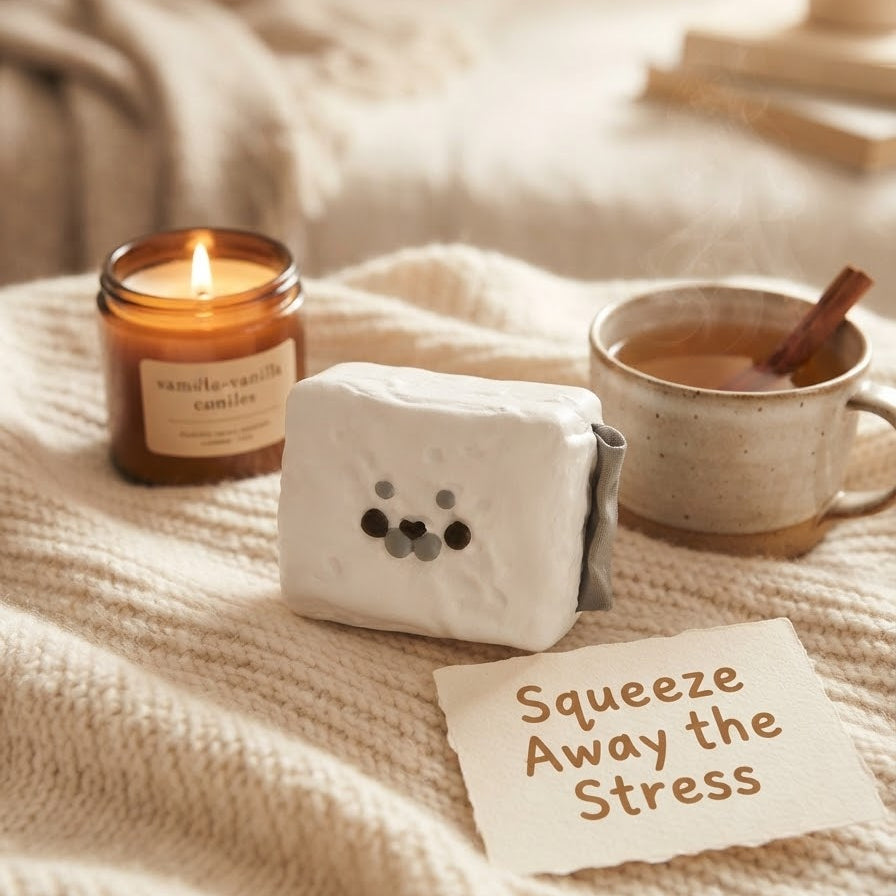 A cozy lifestyle scene on a cream knit blanket featuring a white ceramic stress-relief cube with a cute bear face, a lit amber candle, a ceramic mug with tea, and a paper note that reads 'Squeeze Away the Stress'.