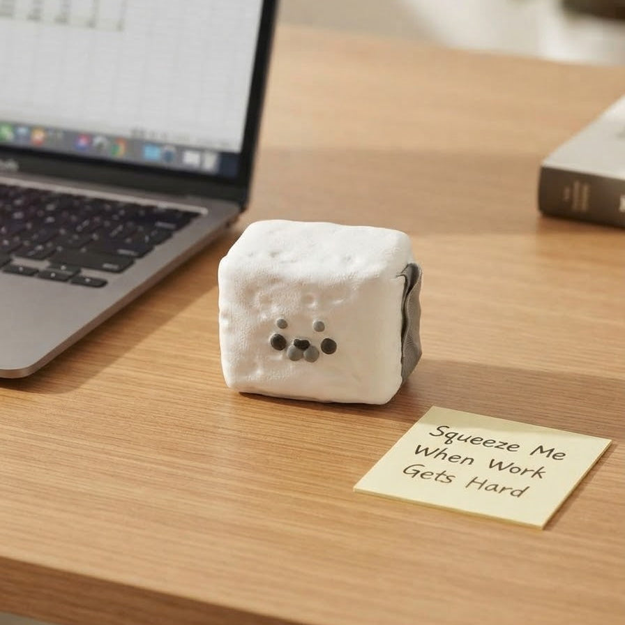 A white cube-shaped squeeze toy with a cute bear face sits on a wooden desk next to a sticky note that reads 'Squeeze Me When Work Gets Hard' and a laptop in the background.