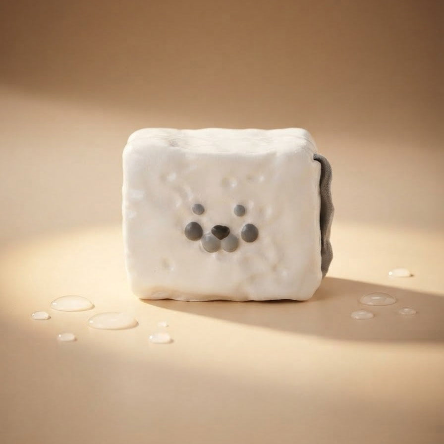 A white textured cube-shaped container or box with a small gray bear face on the front and a dark gray side tab, photographed on a warm beige studio background with a few scattered droplets.