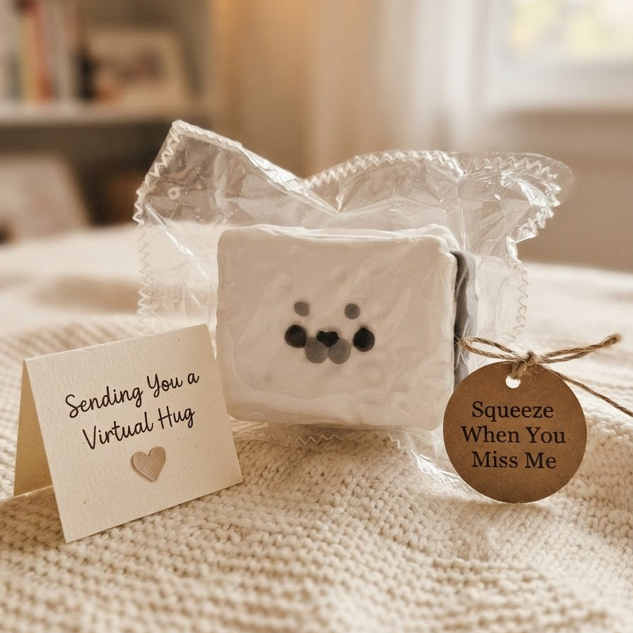 A square white plush toy with a cute black and gray bear face, wrapped in clear cellophane, displayed on a cozy beige knit blanket. It is accompanied by a small wooden tag that reads 'Squeeze When You Miss Me' and a card that says 'Sending You a Virtual Hug'.