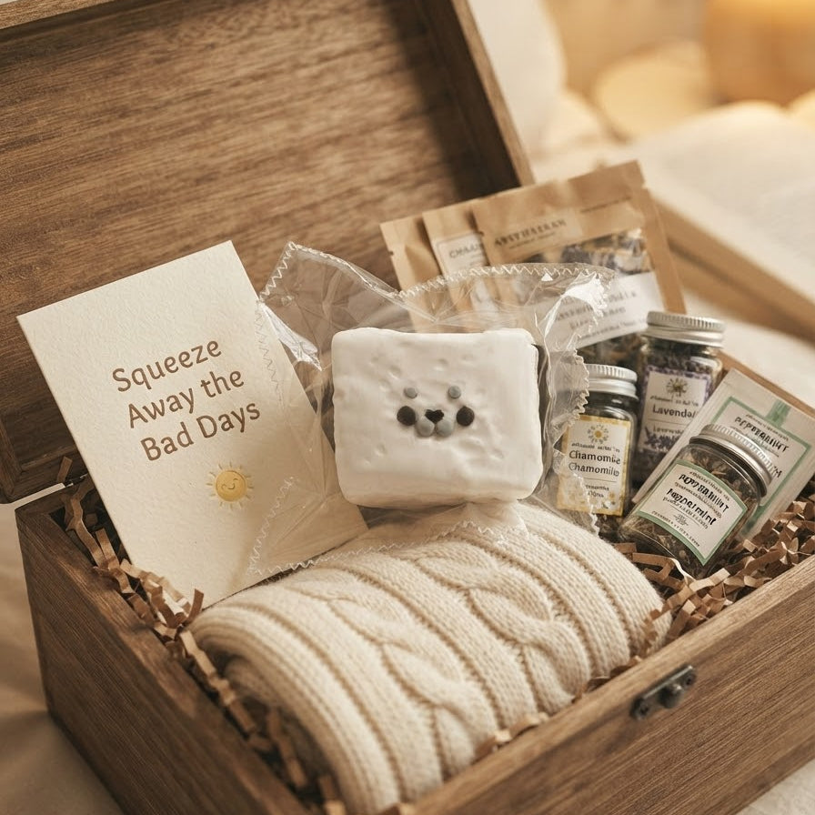 A wooden gift box filled with spa items, including a cream cable-knit towel, a white soap bar with a bear face, a card that reads 'Squeeze Away the Bad Days,' and small bottles and packets, photographed in a softly lit bedroom setting.
