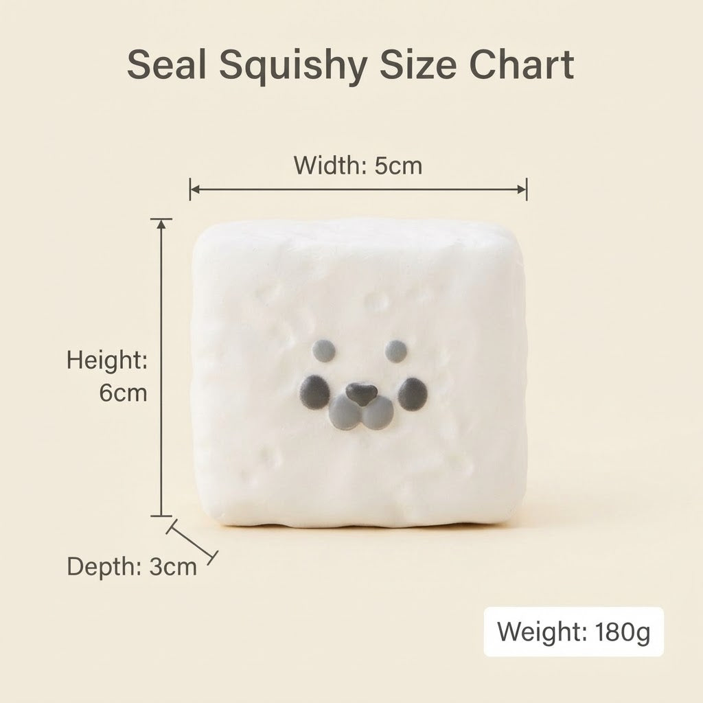 A white seal-shaped squishy toy with a simple face, shown with dimension labels reading Width: 5cm, Height: 6cm, and Depth: 3cm, plus a weight label reading Weight: 180g, on a light beige background.