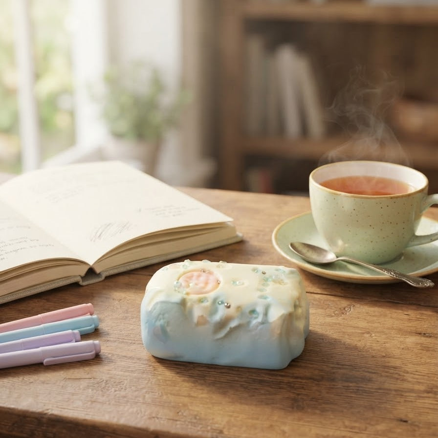 A rectangular pastel soap bar with a light blue base and white top, decorated with a pink circular motif, sits on a rustic wooden table next to an open book, a cup of tea, and pastel pens.