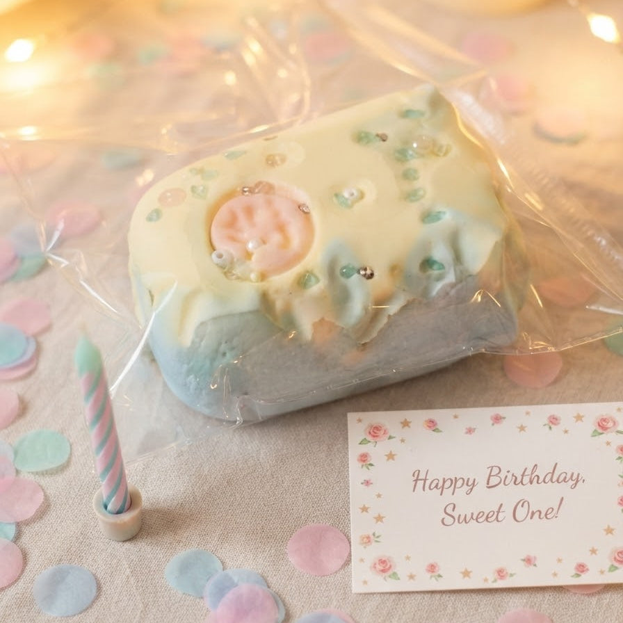A pastel birthday cake-shaped treat wrapped in clear cellophane, placed on a light surface with confetti, a small striped candle, and a card that reads 'Happy Birthday, Sweet One!'.