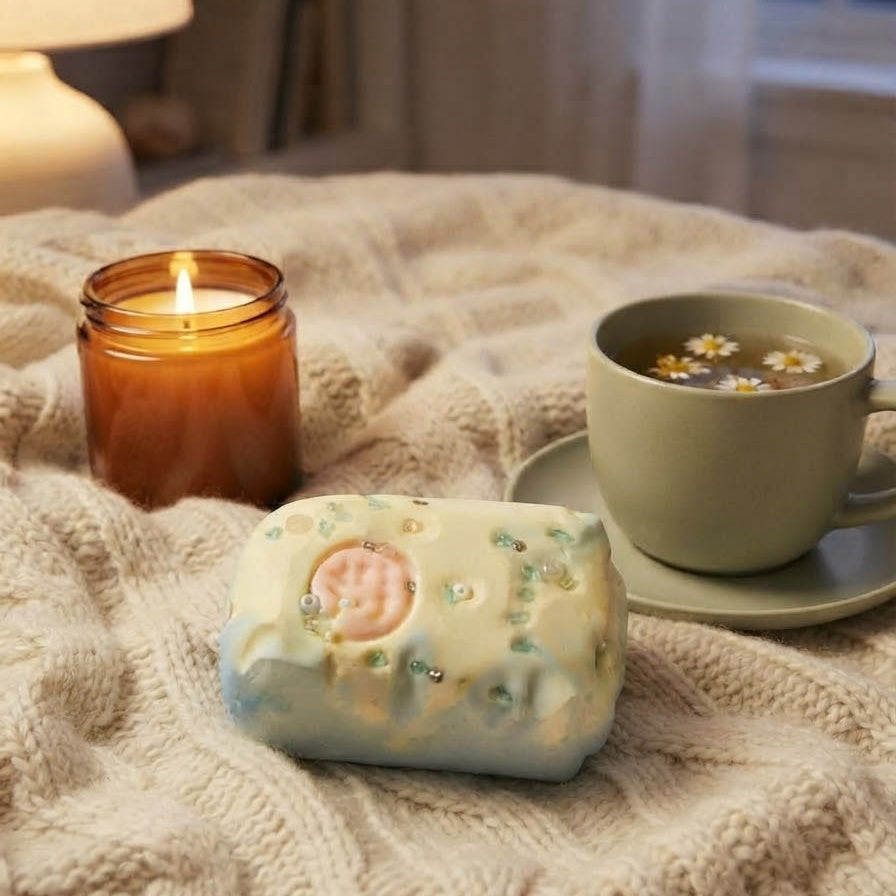 A small rectangular ceramic soap dish or decorative soap holder with a pastel blue-green glaze, a pink floral motif, and tiny rhinestone accents, styled on a beige cable-knit blanket next to a lit amber candle and a green ceramic cup on a saucer in a cozy indoor setting.