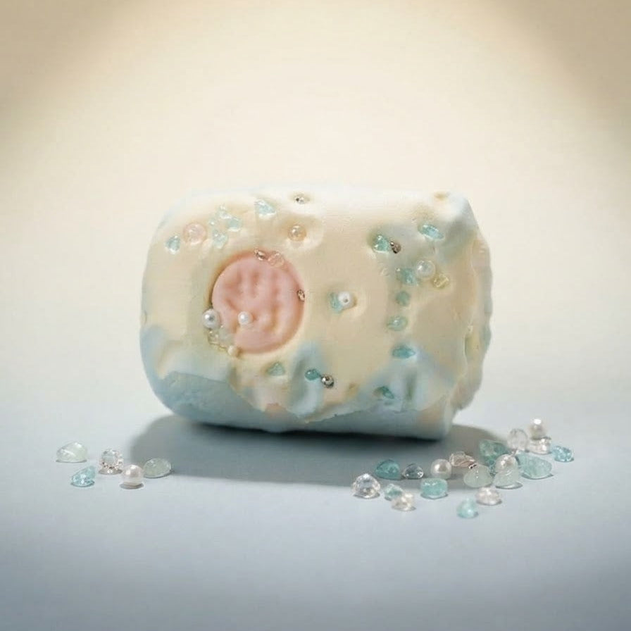 A handmade soap bar with a textured, organic shape, decorated with light blue and white marbling, small clear rhinestones, and a central pale pink circular motif. The soap is displayed on a neutral surface with scattered decorative rhinestones in the foreground under a warm spotlight.