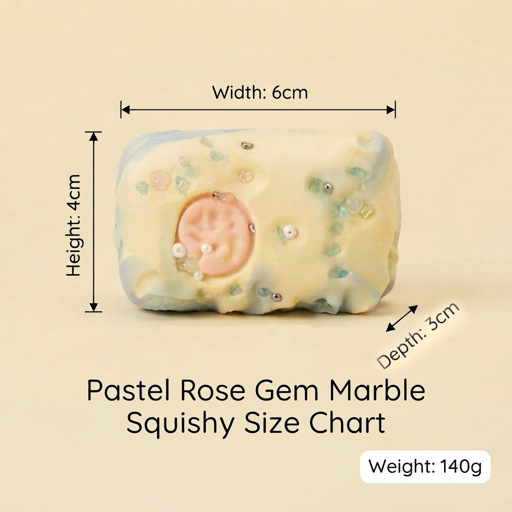 Pastel rose gem marble squishy shown with dimension labels indicating width 6cm, height 4cm, and depth 3cm, plus a weight label of 140g, on a beige background.