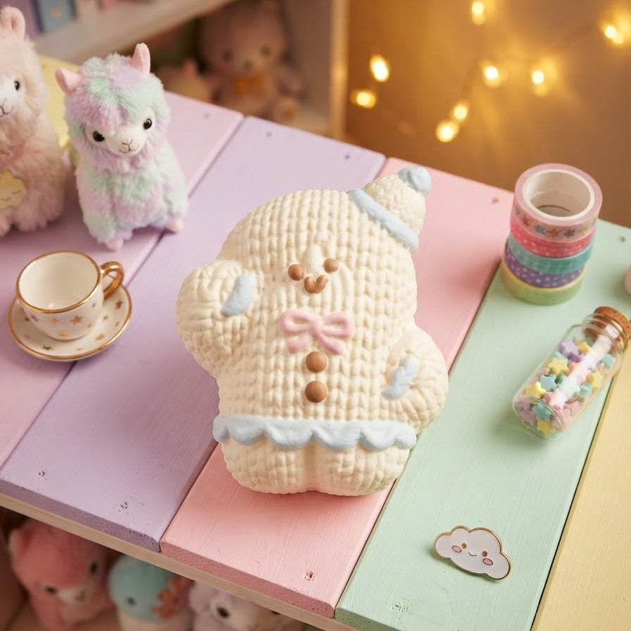 A knitted cream-colored bunny plush toy with a pink bow and light blue accents, displayed on a pastel-colored wooden table alongside other cute plush toys and accessories.