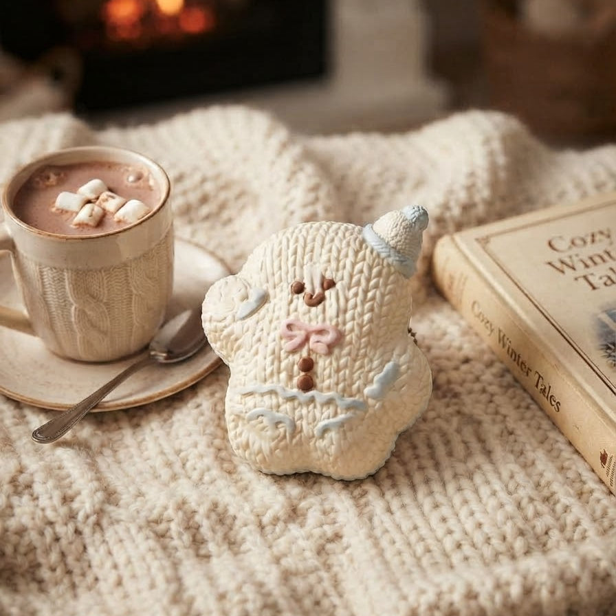 A small knitted snowman figurine sits on a chunky cream knit blanket beside a cup of hot chocolate with marshmallows and a book, with a blurred fireplace in the background.