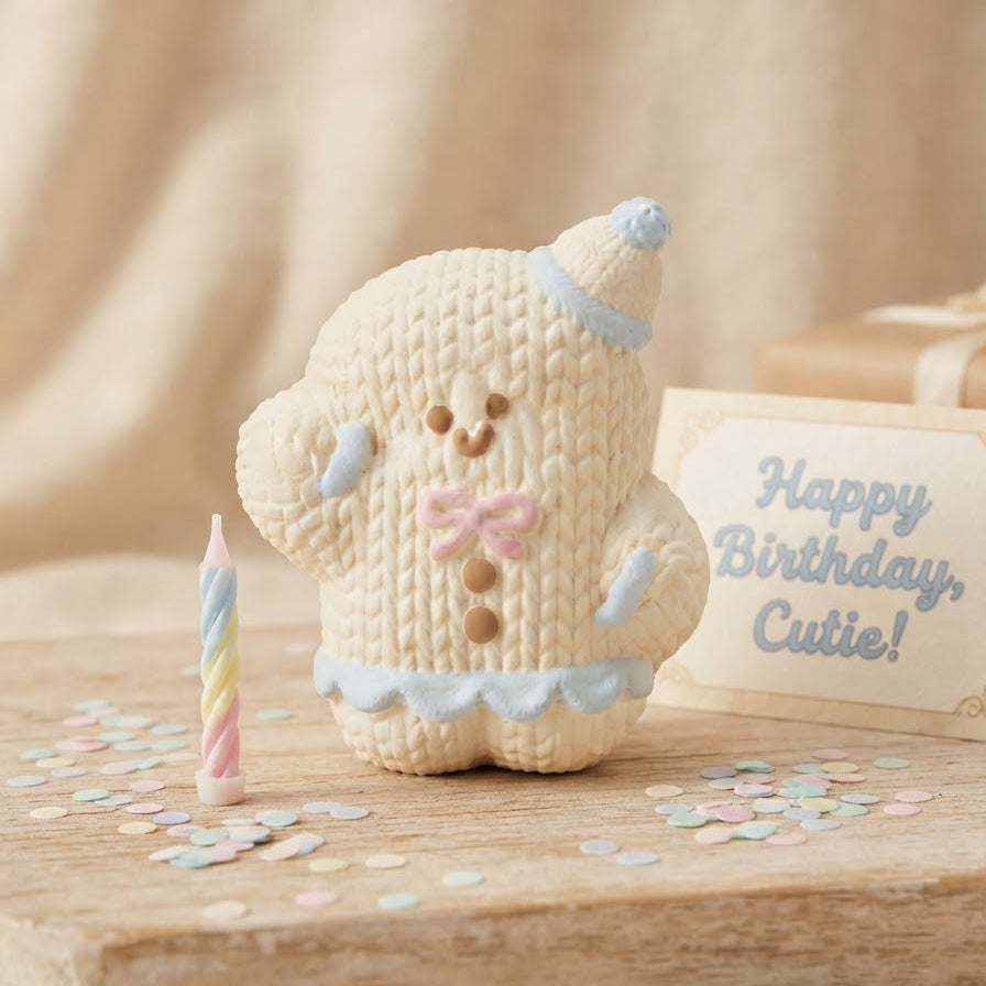 A knitted beige teddy bear birthday decoration with a blue hat and pink bow, standing on a wooden board next to a small pastel candle and a card that says 'Happy Birthday, Cutie!' with confetti scattered around.