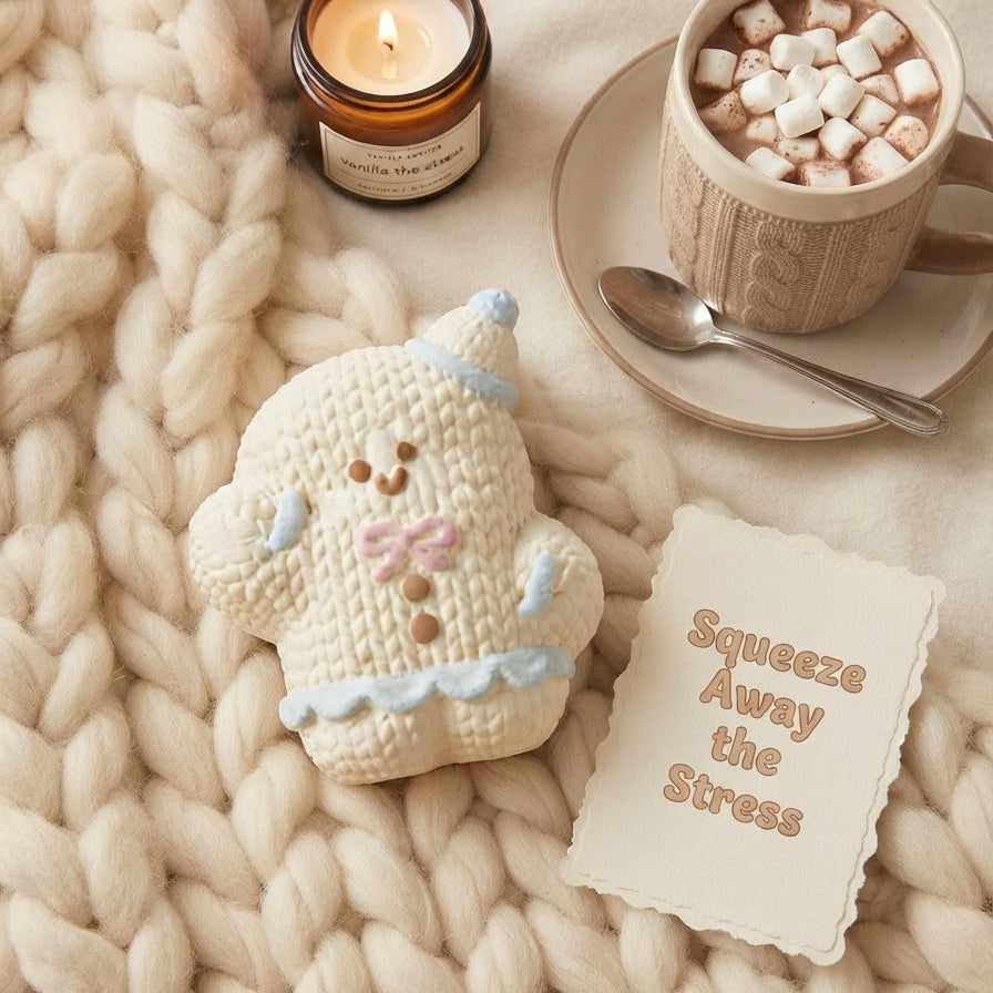 A cozy flat-lay scene on a chunky cream knit blanket featuring a small knitted gingerbread bear ornament, a lit amber candle, a mug of hot chocolate with marshmallows on a saucer, and a cream card that reads 'Squeeze Away the Stress'.