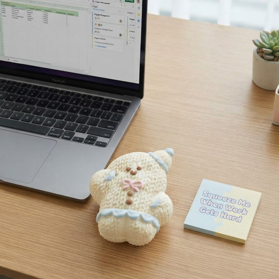 A small cream-colored knitted bear plush toy with light blue trim and a pink bow sits on a wooden desk next to an open laptop and a sticky note.