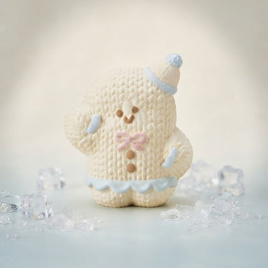 A small knitted bear figurine in cream with light blue and pink accents, standing on a pale blue surface with scattered clear ice cubes around it.