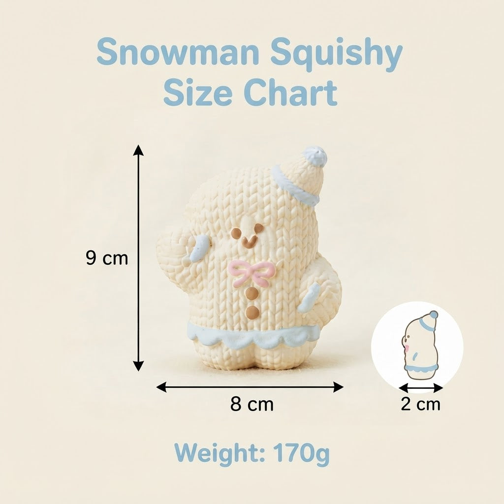 Snowman squishy size chart graphic showing a knitted plush snowman figure with dimensions labeled 9 cm tall, 8 cm wide, and a 2 cm hat width, plus weight 170g on a light beige background.