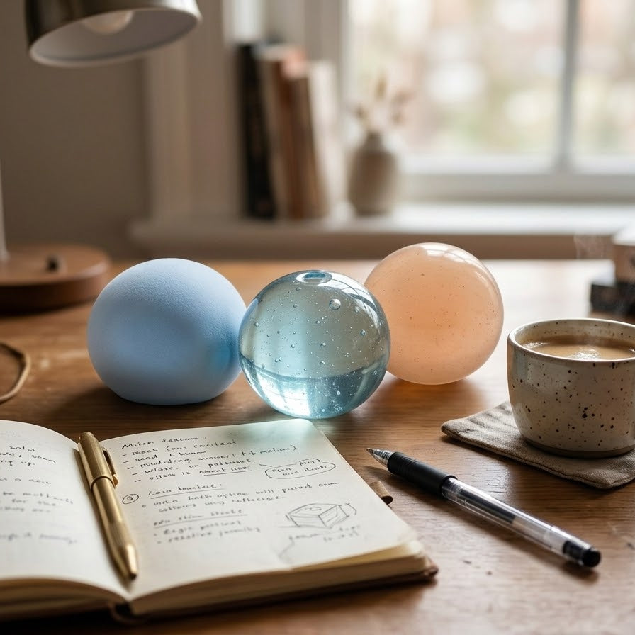 Three decorative spherical lamps in pastel blue, translucent light blue, and soft peach are arranged on a wooden desk beside an open notebook, pen, and a cup of coffee in a warm, softly lit room.