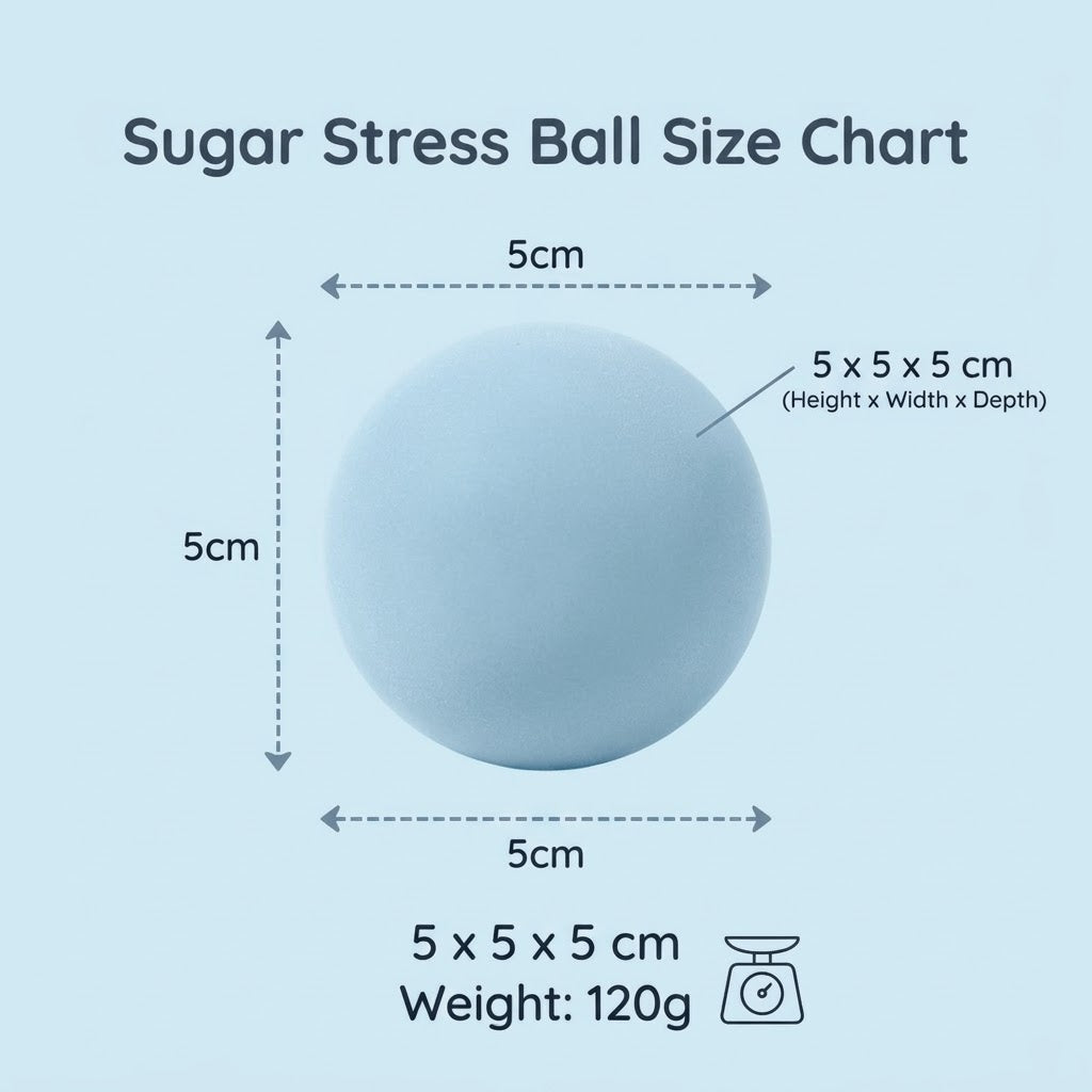 A light blue sugar stress ball with overlaid size measurements showing a 5 cm diameter and 5 x 5 x 5 cm dimensions, plus a weight note of 120g on a pale blue background.