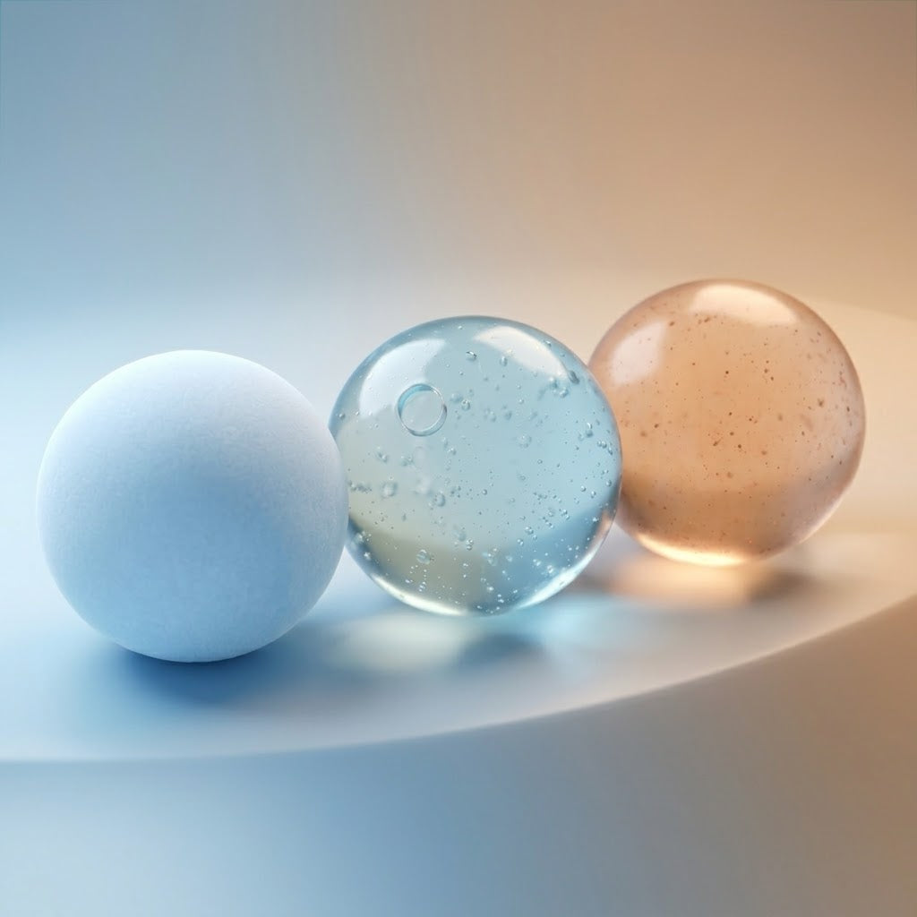 Three decorative bath bombs shaped like spheres in soft pastel colors, arranged on a curved white surface against a gradient blue and beige background.