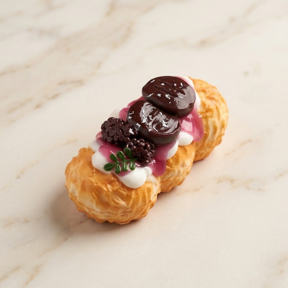A single flaky pastry filled with white cream, pink berry sauce, blackberries, and dark chocolate pieces, photographed on a light marble surface.