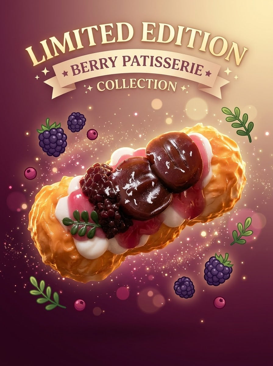Promotional graphic for a 'Limited Edition Berry Patisserie Collection' featuring a single decorated pastry floating on a sparkling purple and pink gradient background with illustrations of berries and leaves.