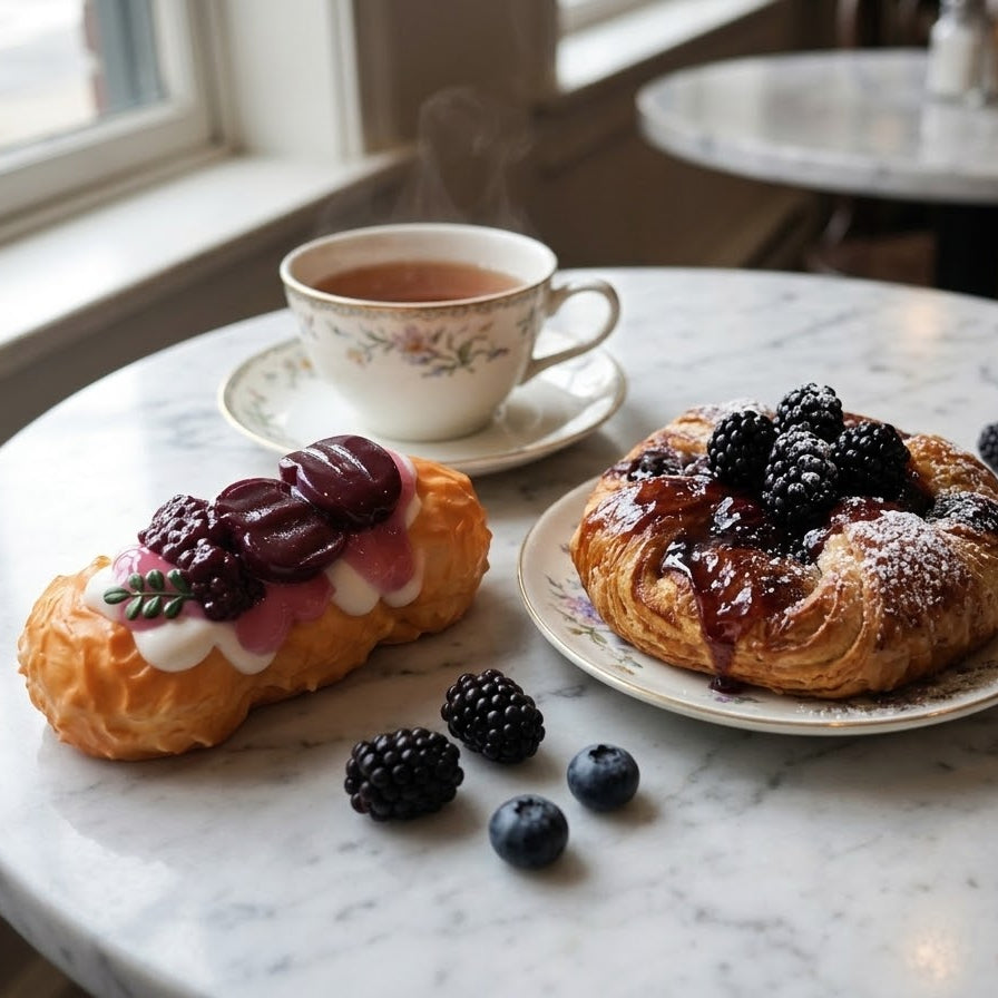 Two pastries on a white marble table beside a cup of tea in a cafe setting. One pastry is a cream-filled choux with dark berries, and the other is a flaky pastry topped with blackberries and powdered sugar.