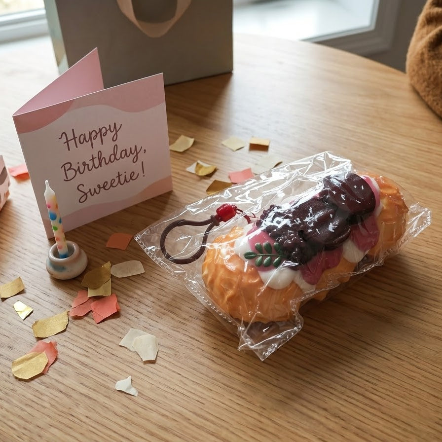 A bakery-themed squishy toy shaped like a pastry with chocolate drizzle and pink frosting, wrapped in clear plastic on a wooden table next to a pink 'Happy Birthday, Sweetie!' card, gift boxes, and confetti.