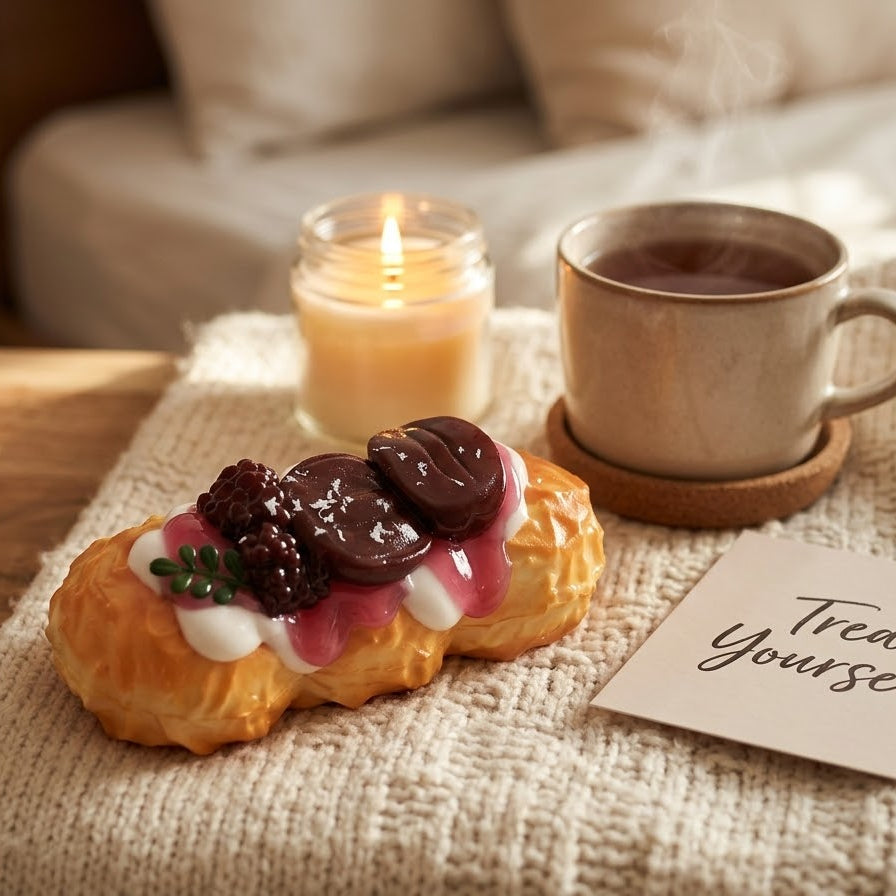 A cozy tabletop scene with a decorated pastry in the foreground, a lit candle, a mug of hot drink, and a card that reads 'Treat Yourself' on a knitted blanket.