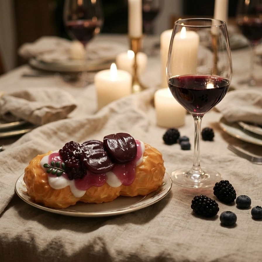 A plated pastry dessert topped with dark berries and pink jam sits on a dining table set with candles, a glass of red wine, plates, and napkins.