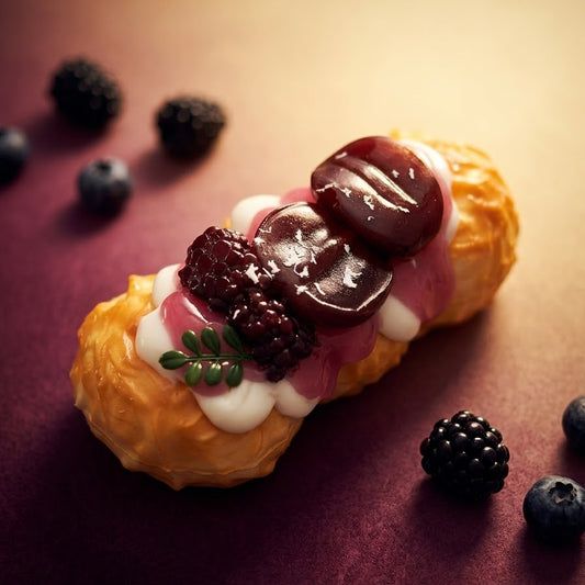 A close-up of a gourmet pastry or eclair topped with glossy dark berry sauce, blackberries, pink berry compote, white cream, and a small green leaf, arranged on a dark purple surface with scattered berries around it.