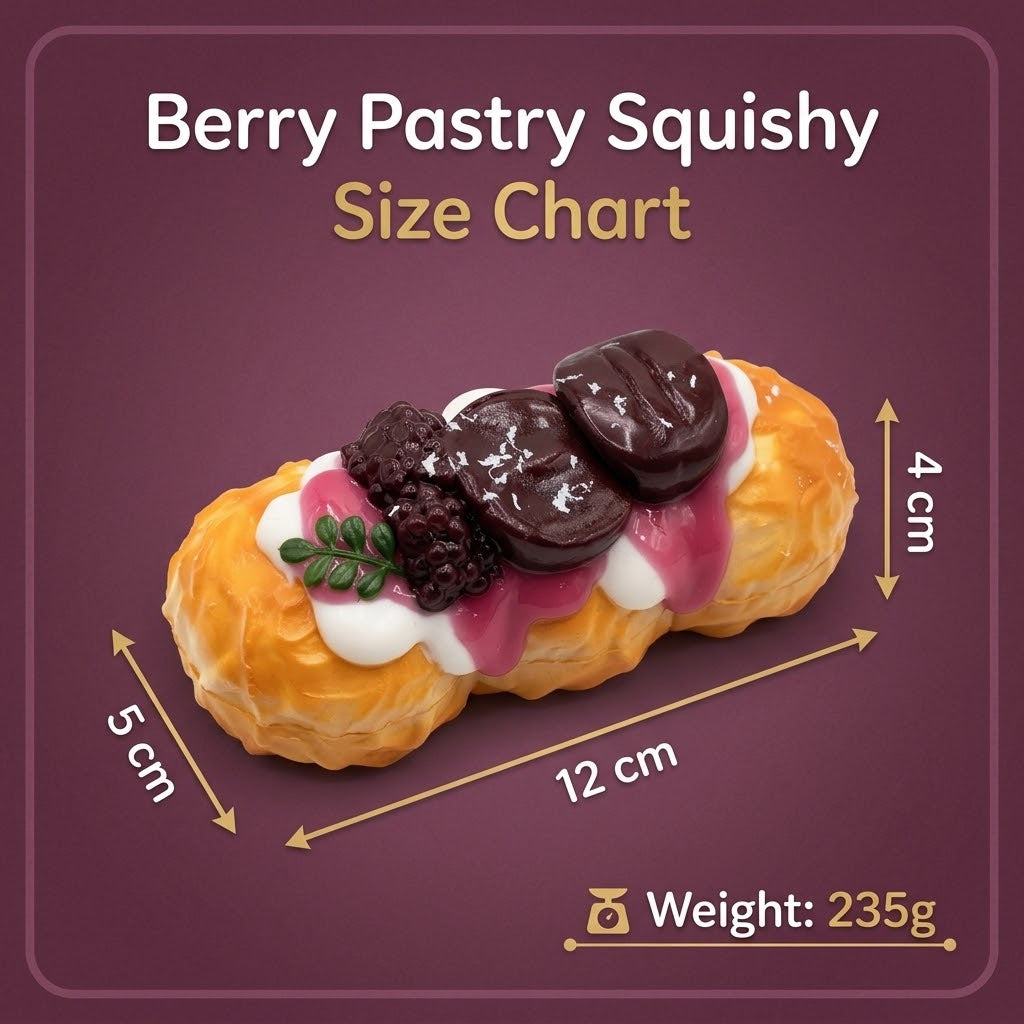 A size chart graphic for a Berry Pastry Squishy, showing a detailed pastry toy with dimensions of 12 cm length, 5 cm width, 4 cm height, and a weight of 235g, set against a dark purple background.