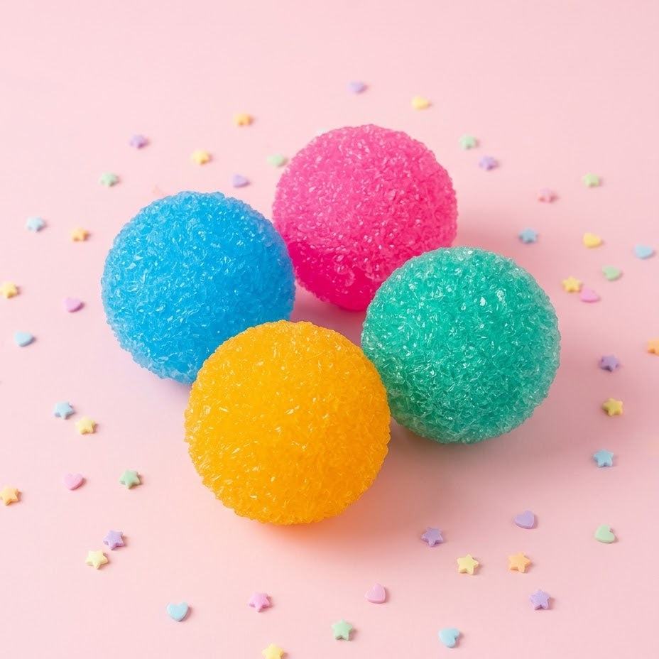 Four textured, sugar-coated balls in bright blue, pink, green, and orange, arranged on a light pink background with scattered pastel star confetti.