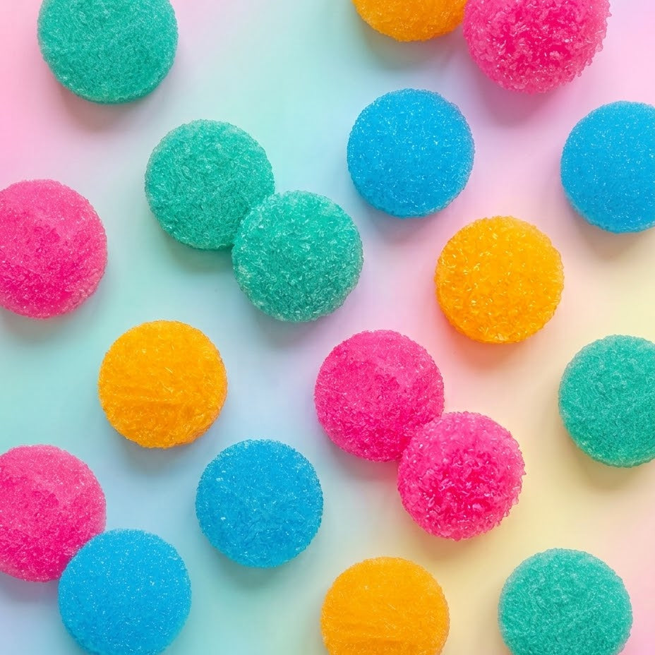 A top-down view of colorful, sugar-coated spherical bath bombs in pink, blue, teal, and orange scattered on a pastel gradient background.