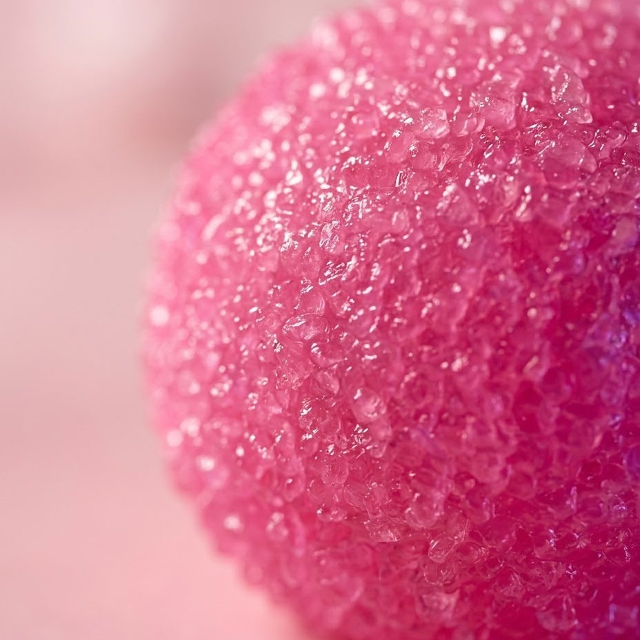A close-up macro shot of a pink, sugar-crystal-textured sphere on a soft pink background.