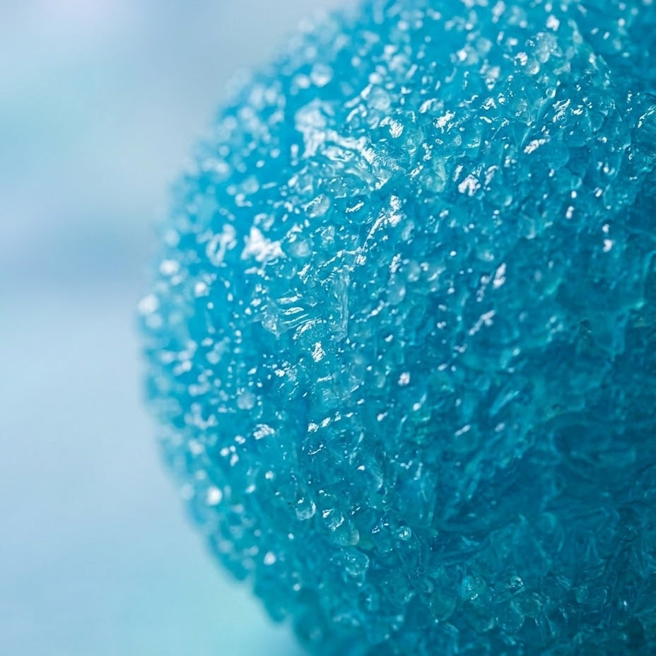 A close-up of a translucent blue textured spherical object with a crystalline, frosted surface on a soft light blue background.