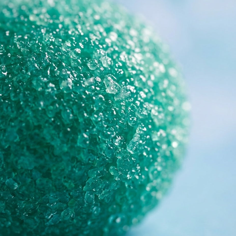 A close-up of a translucent teal-green textured sphere, possibly a bath bomb, sponge, or decorative stone, with a soft blue background.