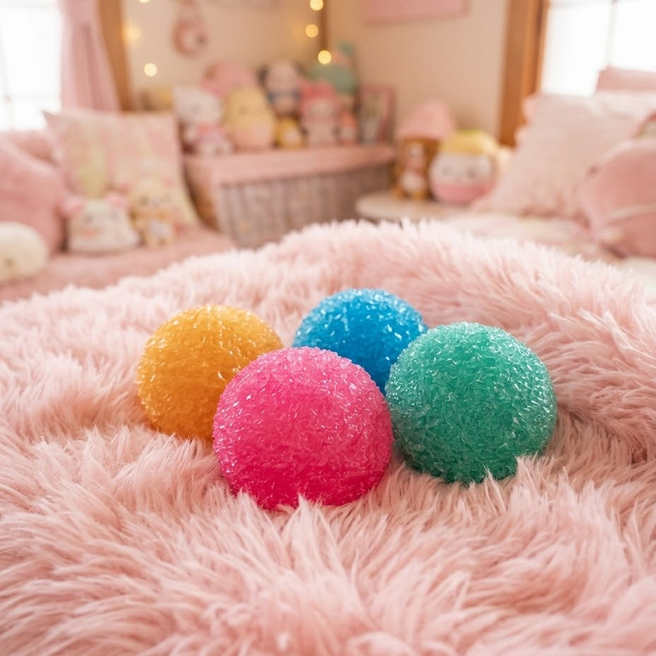 Four fuzzy, textured decorative balls in yellow, pink, blue, and green, arranged on a fluffy pink blanket in a soft, pastel bedroom setting.