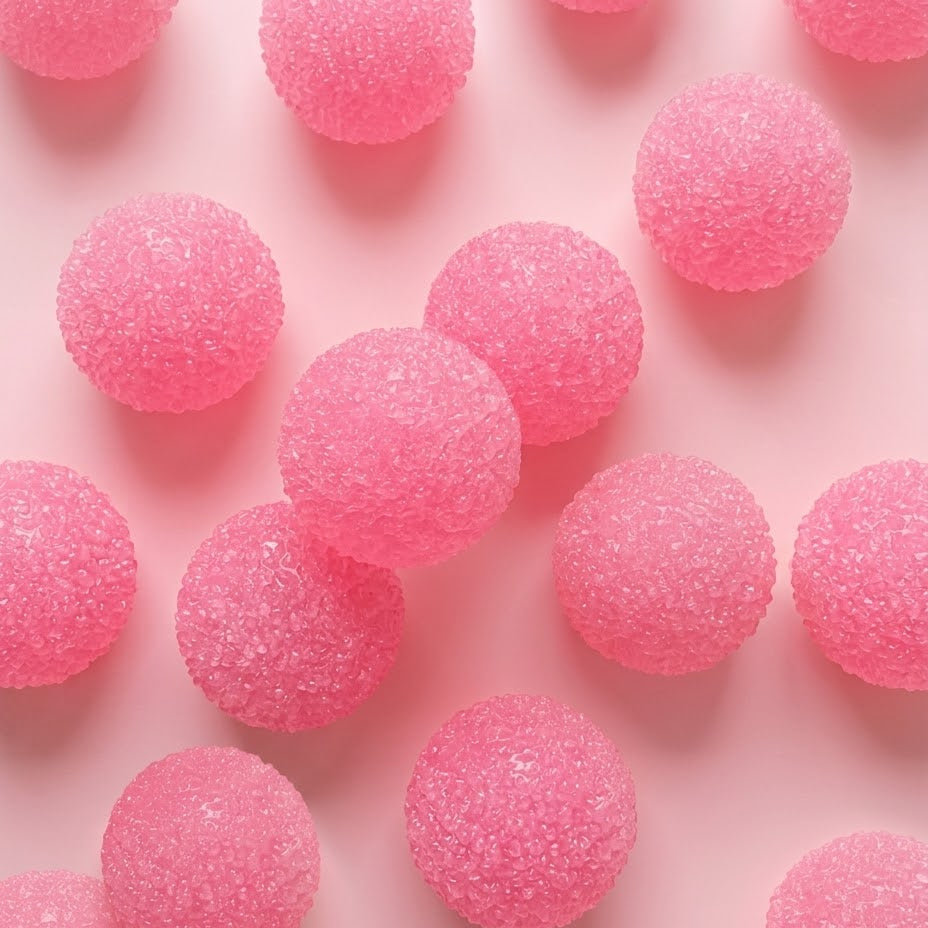 Multiple pink sugar-coated gum balls scattered on a solid light pink background.