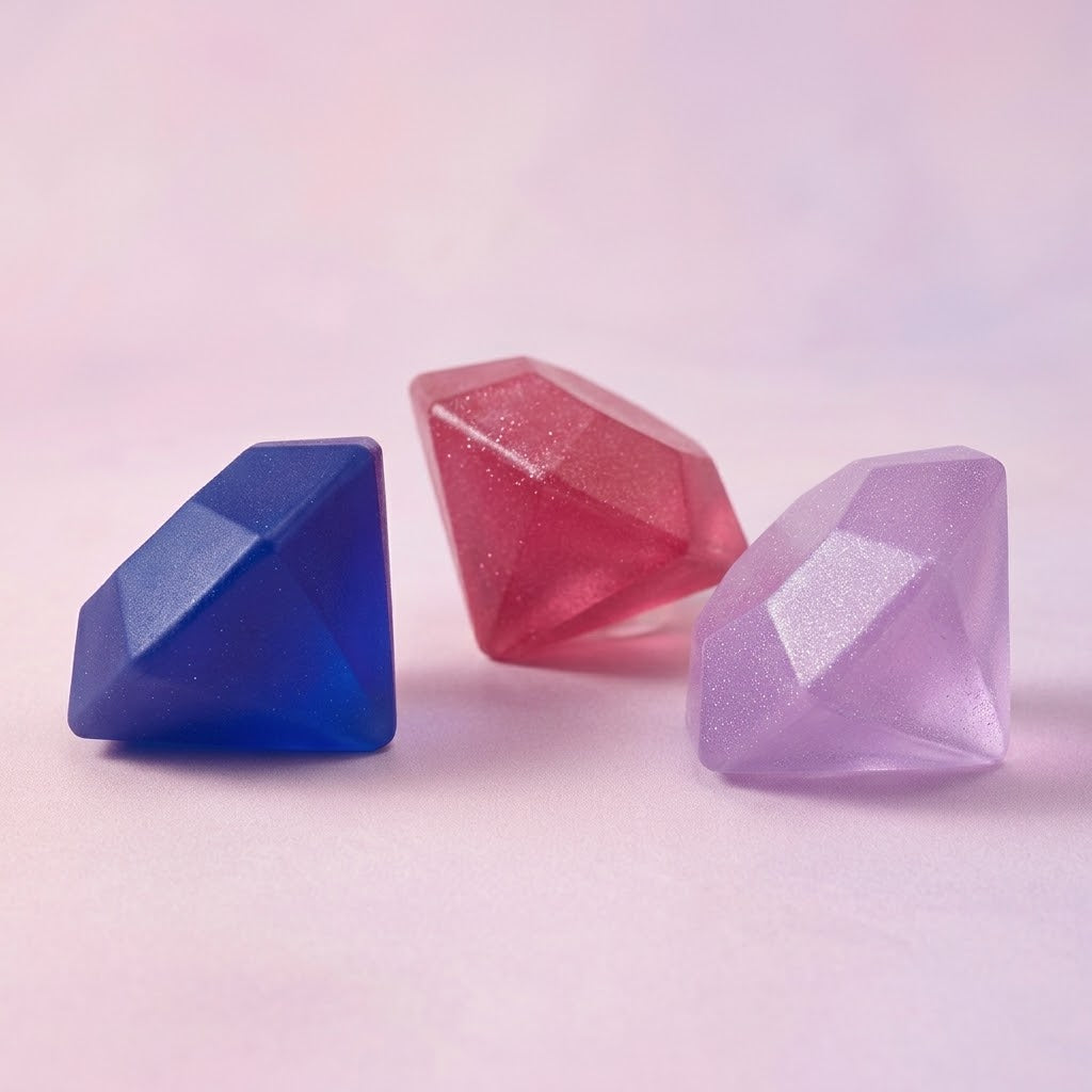 Three faceted gem-shaped cosmetic sponges in blue, pink, and lavender purple, arranged on a soft pink background.