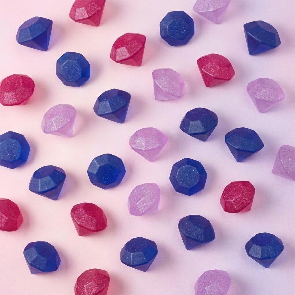 A scattered arrangement of faceted gem-shaped beads in translucent shades of blue, pink, and purple on a pale pink background.