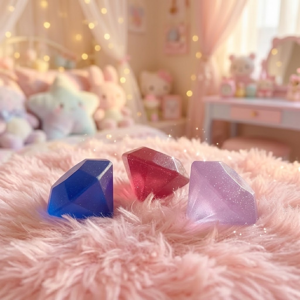 Three faceted crystal-shaped decorative objects in blue, pink, and lavender purple, arranged on a fluffy pink blanket in a soft, dreamy bedroom setting.