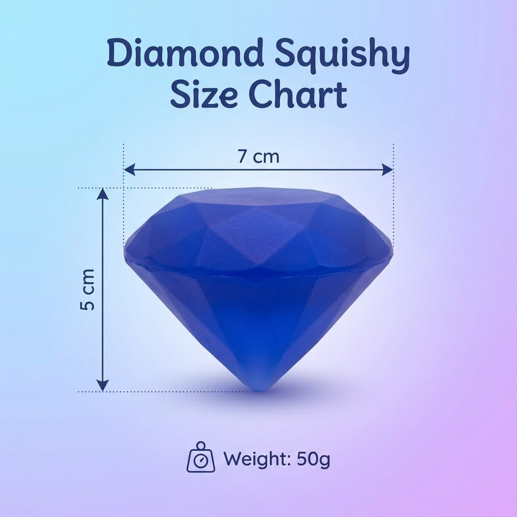 A blue faceted diamond-shaped squishy toy with overlaid size measurements showing 7 cm width, 5 cm height, and a weight of 50g on a soft blue-to-purple gradient background.