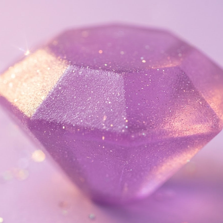 A faceted purple gem-shaped cosmetic sponge with embedded glitter, shown close-up on a soft pink background.