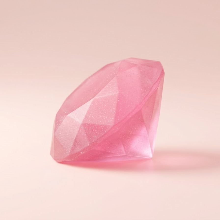 A faceted pink gemstone prop, resembling a diamond cut gem, standing upright on a soft pink background with a subtle shadow.