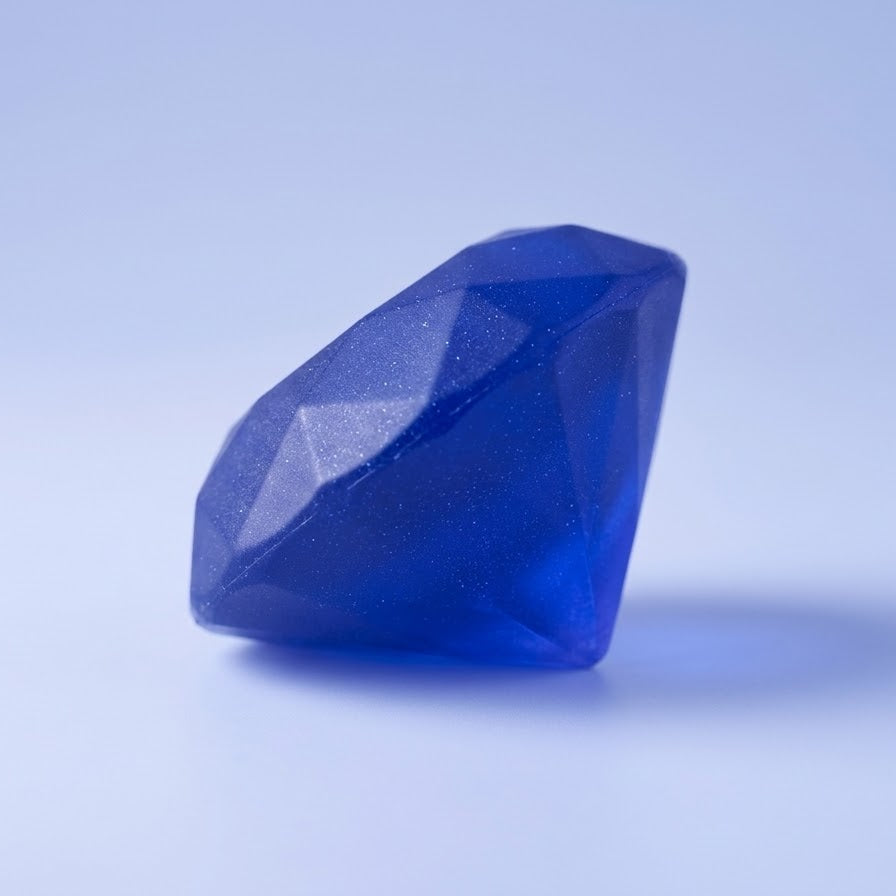 A faceted, gemstone-like blue object with a polished, diamond-cut surface, photographed on a smooth light blue background with a soft shadow underneath.