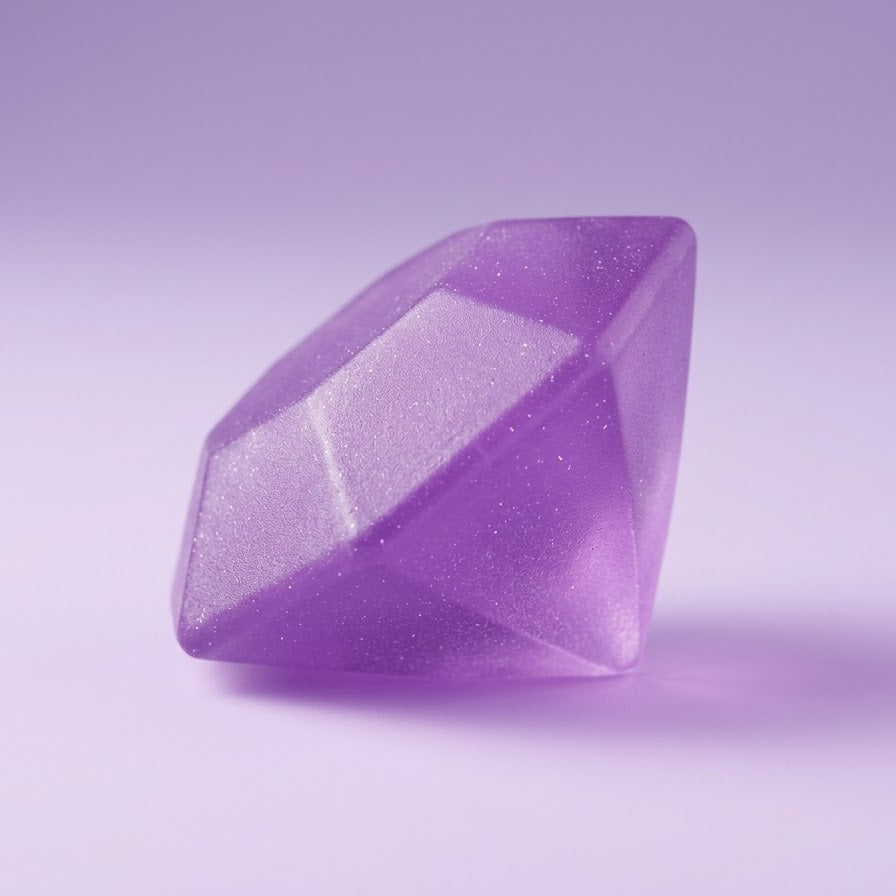 A faceted purple crystal-like decorative object with a glittery finish, standing upright on a smooth light purple surface against a matching gradient background.