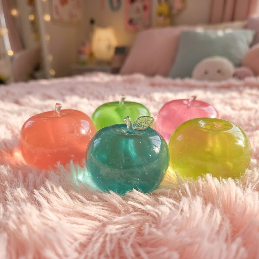Four translucent apple-shaped objects in pastel colors (orange, green, pink, and yellow-green) arranged on a fluffy pink blanket in a softly lit room.