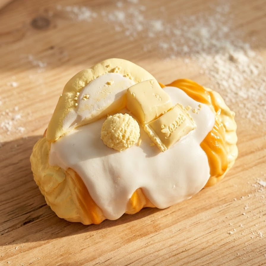 A close-up of a decorated pastry or bread on a wooden surface, topped with white icing and yellow butter-like pieces, with a small round yellow decoration.