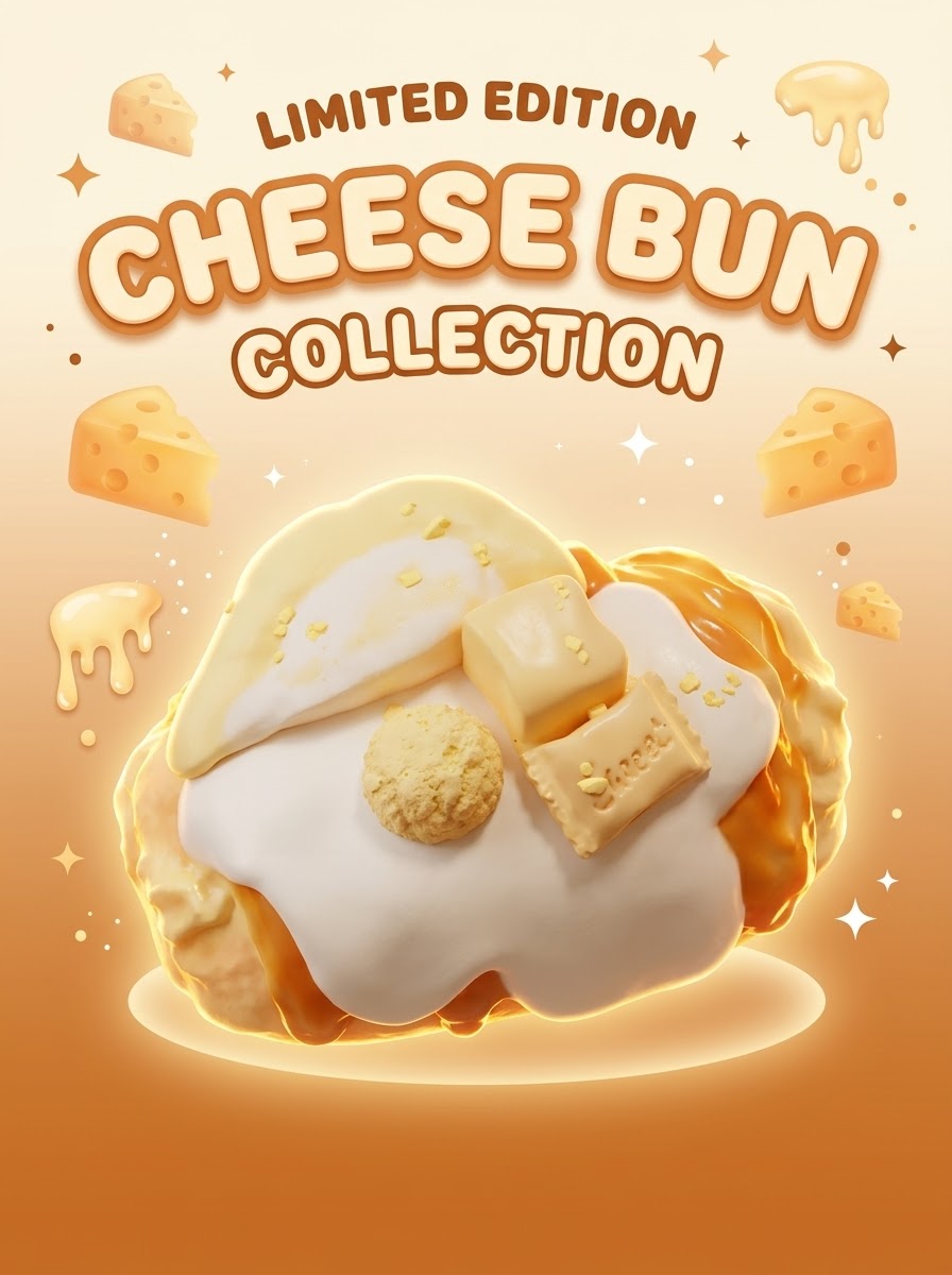 Promotional graphic for a 'Limited Edition Cheese Bun Collection' featuring a 3D-rendered cheese bun topped with melted white cheese, crumbled yellow cheese, and a square cheese block, set against a warm orange gradient background with floating cheese wedges and decorative text.