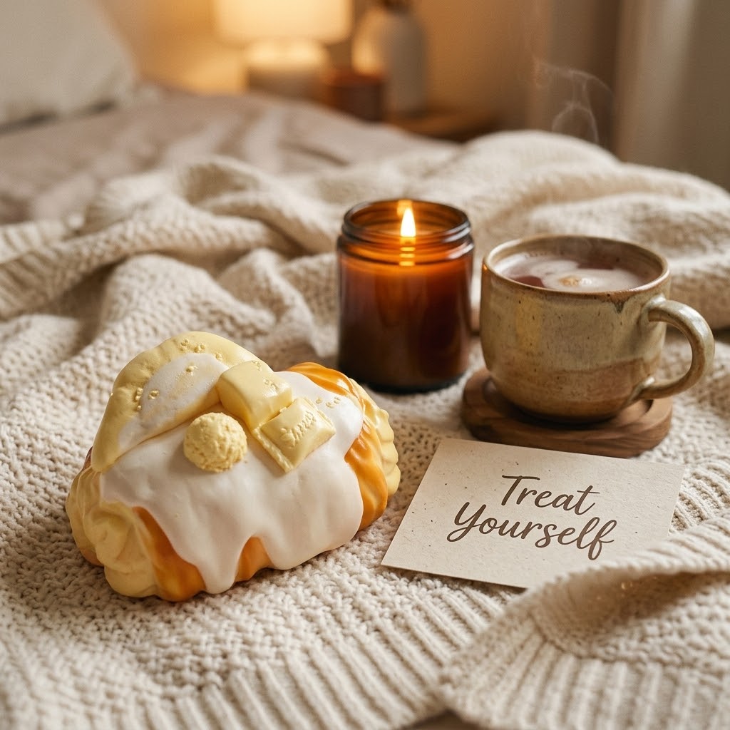 A cozy lifestyle scene on a cream knit blanket featuring a frosted pastry, a lit amber candle, a ceramic mug of hot cocoa, and a card that reads 'Treat Yourself'.