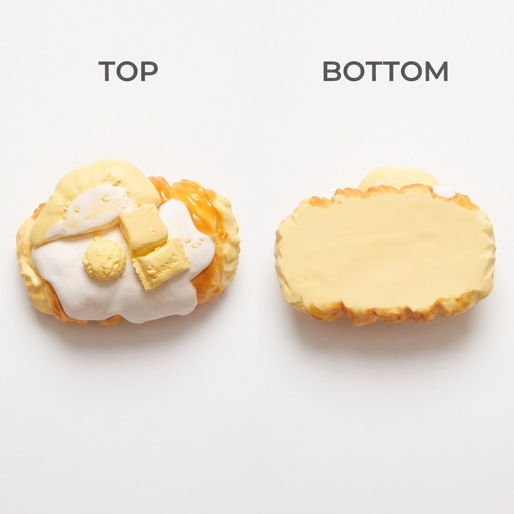A two-piece novelty ceramic or resin tile set labeled 'TOP' and 'BOTTOM', designed to look like a breakfast pastry or cookie with yellow frosting, butter, and a white cream topping, shown on a plain white background.